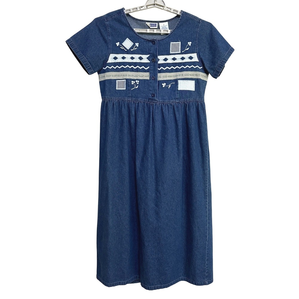 Erika & Co Denim Dress Womens M Vintage Cottagecore Embroidered Modest Farmhouse